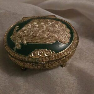 VTG Metal Trinket Box w/Peacock Hinged Ornate Green/ Gold